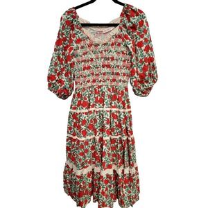 Ivy City Co Roselyn Dress Smocked front Red Cream floral print Cotton Lined XS
